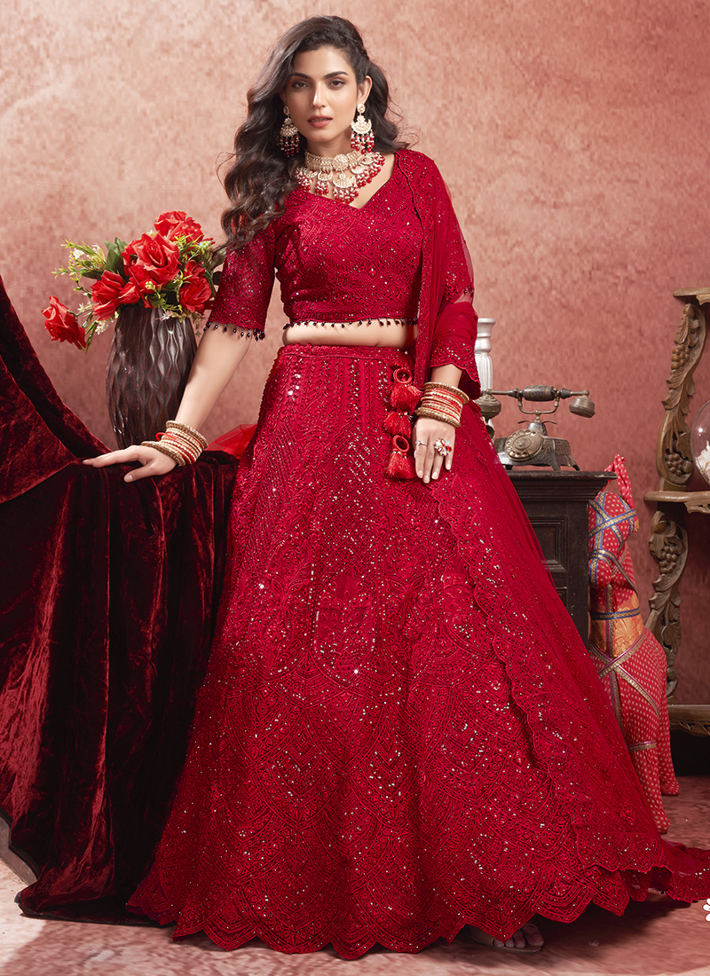 Buy Premium Net Red Bridal Wear Hand Work Lehenga Choli Online From Wholesale Salwar